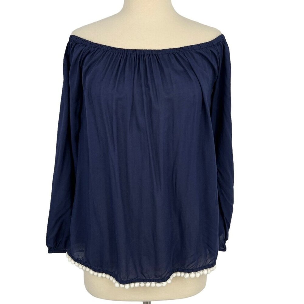 Lilly Pulitzer Enna Top Navy Size M Off the Shoulder Blouse Pom Poms Hem Rayon